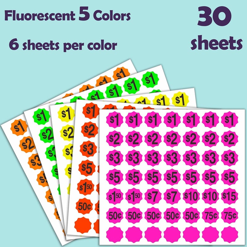 YSHIHE Garage Sale Sticker, Yard Sale Price Stickers, 1470 Pack, 3/4 Inch Round Labels, Fluorescent Colors, Pre-Printed $0.50-$15 - Image 3